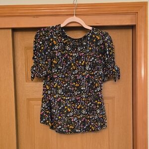 LOFT Black Floral Short-Sleeve Tie-Sleeve Blouse
